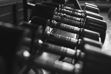 Rows of dumbbells in the gym with