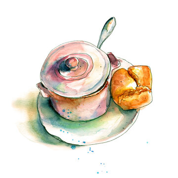 Sketch of tasty food in a pot with a bun. Hand-drawn. Watercolor and ink illustration, isolated on white background.