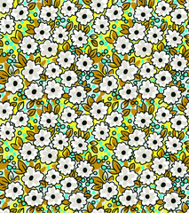 Simple cute pattern in small white and blue flowers on yellow background. Liberty style. Ditsy print. Floral seamless background. The elegant the template for fashion prints