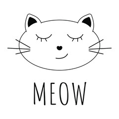 Smiling cat cartoon icon with MEOW text isolated on white background vector illustration