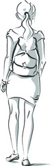 Passerby. Fashion illustration of girl with a backpack in a dress that goes away. Vector graphics. Sketch style.