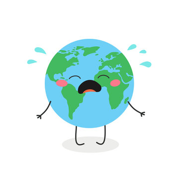 Cute crying cartoon Earth character vector illustration