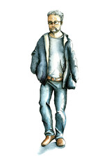 Passerby. Watercolor illustration of man in a jacket, jeans and glasses. Sketch style.  Hand drawn watercolor and ink pedestrian, isolated on white background. 