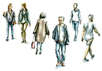 Naklejka premium Passersby. Watercolor sketch of people who walking in the street. Watercolore pedestrian, isolated on white background.