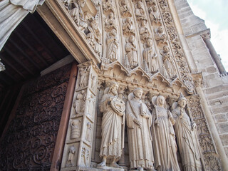 Sculpted tympanum of the Last Judgment over the entrance of the Notre-Dame de Paris.