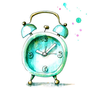 Vintage watercolor sweet alarm clock. Isolated on a whit background. Menthol green and pink colors.
