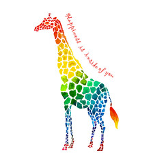 watercolor giraffe, watercolor soft  rainbow illustration, multicolored stains, inscription: happiness is inside of you