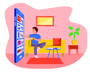 Easy online shopping with smartphone. Ecommerce and digital marketing concept. Young man sitting on sofa  and drinking coffee while doing online shopping with mobile phone. Stay home concept.