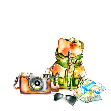 Watercolor hiking walking travel set / film camera, glasses, map, backpack / Hand-drawn watercolor and ink illustration isolated on white background
