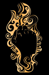 Raised fist in gold flame