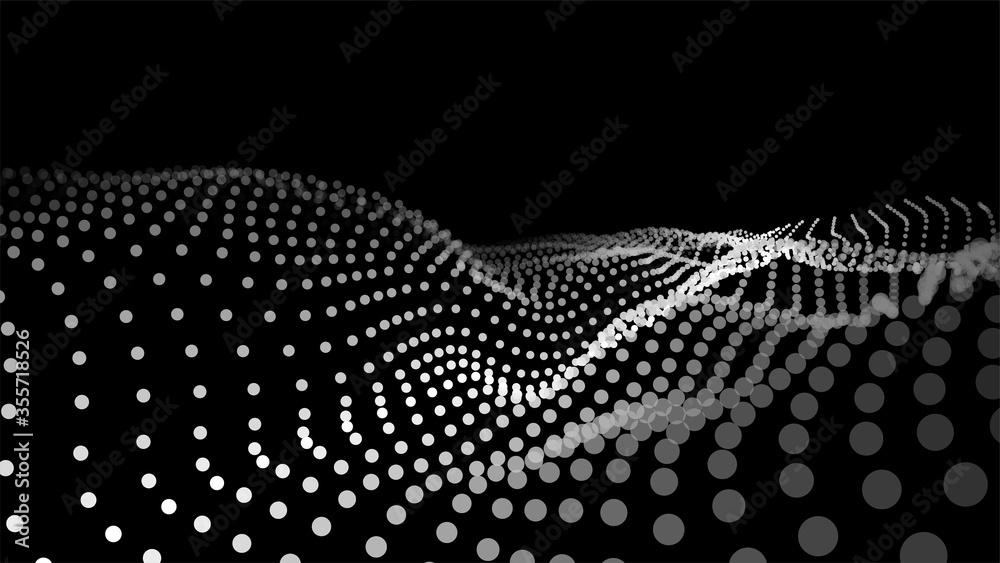 Poster Dynamic particles wave. White dots on black background. Digital landscape. Vector illustration.Big data visualization 3D.