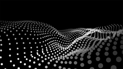Dynamic particles wave. White dots on black background. Digital landscape. Vector illustration.Big data visualization 3D.