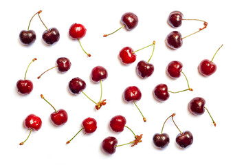 Fototapeta na wymiar Fresh ripe cherry isolated on white, seamless pattern, fruit abstract background