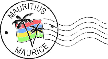 Postal grunge stamp ''Mauritius''. English and french inscription. White background.