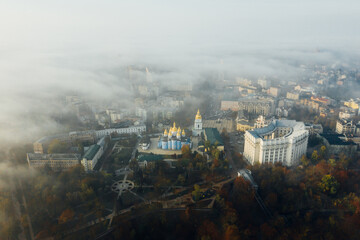 Aerial view of the city in the fog