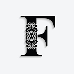 letter F. Black flower alphabet.  Beautiful capital letters with shadow