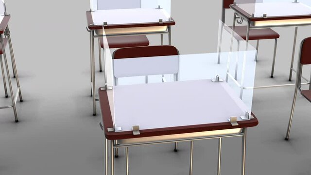 many school desks with plexiglass separators - 3D models on a white background