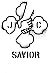 ''J.C. (Jesus Christ) Savior'' quote. God's hand saves man. Cross background. Urban spray graffiti stencil. 