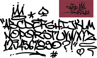  Spray graffiti tagging font and signs (crown, heart, star, arrow, dot, quotation mark, number, spade). ''Hip-hop king''  quote on brick wall background. © Dusan