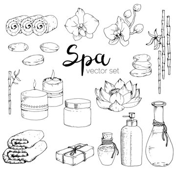 Vector hnd draw SPA set. Candles, bottles, soap, flowers, cream, stones, towel