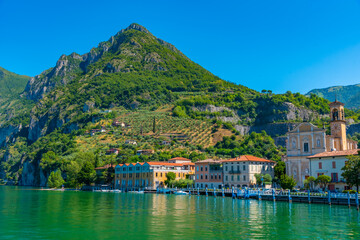 Lakeside view of Marone village at Iseo lake in Italy