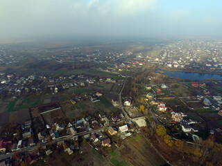 Aerial view of the saburb landscape (drone image). Near Kiev