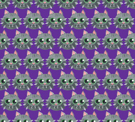 Halloween background with crazy black cat. Watercolor seamless pattern of black cats. Cute funny witch cats. Hand-drawn texture on a purple background. Ideal for textiles, packaging, websites, cards.