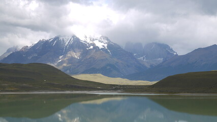 images of the Argentine mountains of the Andes, crowned with snow and clouds that make them mystical, and at their feet green fields and a lake