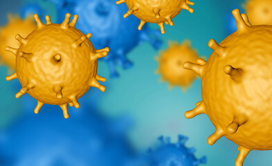 Illustration of virus cells or bacteria molecule under microscope. Abstract 3d illustration corona virus cells.Pathogen respiratory influenza. Flying Covid virus cells