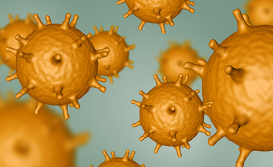 Illustration of virus cells or bacteria molecule under microscope. Abstract 3d illustration corona virus cells.Pathogen respiratory influenza. Flying Covid virus cells