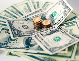 Cash on table isolated: dollars, euro, rubl broken money. All in mess, global crisis concept