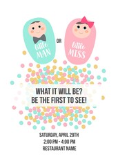 Little Man or Little Miss? Gender reveal party invitation card vector design