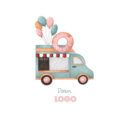 Donut van. Vintage van, kiosk with pastries and sweets. Amusement park. Logo in retro style