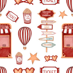 Amusement park, seamless pattern with carnival items, tickets, sunglasses, stars