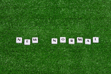 Concept of new normal after pandemic Coronavirus. Plastic alphabet wording "NEW NORMAL" on grass background.