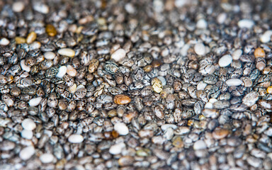 Healthy breakfast - chia seeds background flatlay macro close up shot of various patterns and shapes .