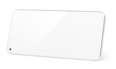 Modern white smartphone with white touch screen standing on the side. Smart phone on horizontal isolated on white background with clipping path