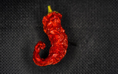 Dried weird unusual crooked red chilly pepper (paprika) pepper macro shot close up on a grey wooden pattern background 