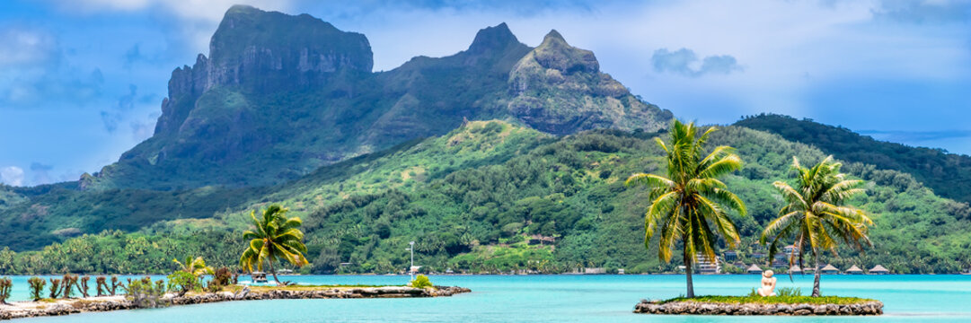 Bora Bora Island, French Polynesia. Web Banner In Panoramic View.