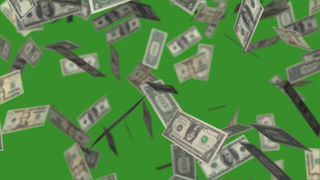 Dollars bills falling down on green background, video animation with money rain. Dollar banknotes flying on chroma key. Finance, business, wealth, winning concept.