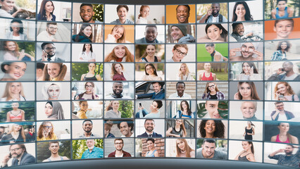 Interactive collage of various casual multiracial people portraits