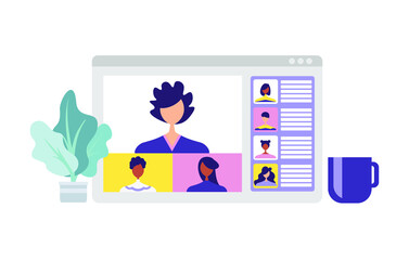 Conference video call, remote project management, quarantine, chat with friends, vector illustration in a modern style.