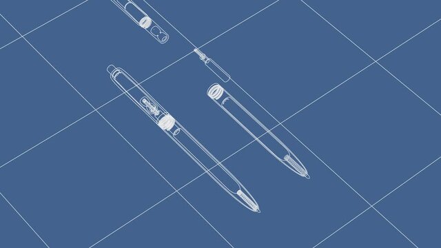 3D ANIMATION , PENS , wireframe on blue background