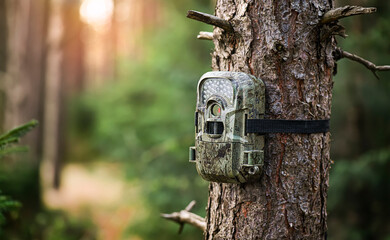 Camera trap or spy photo camera in forest. - obrazy, fototapety, plakaty