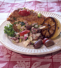 Greek Lemon Salsa Chicken on Red - Vertical