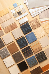 Materials construction. wood materials. Interior design. Sample of wood. Laminate. Veneer. Vinyl. Carpet and concrete for home renovation. Luxury  materials for building construction. Concrete.  lamin