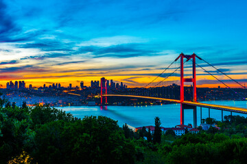 Fototapeta na wymiar ISTANBUL, TURKEY. Panoramic view of Istanbul Bosphorus on sunset. Istanbul Bosphorus Bridge (15 July Martyrs Bridge. Turkish: 15 Temmuz Sehitler Koprusu). Beautiful cloudy blue sky. 