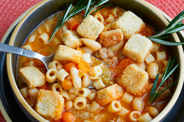 Pasta Fagioli authentic Italian soup made with beans, pasta and sausage.