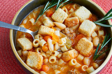 Pasta Fagioli authentic Italian soup made with beans, pasta and sausage.