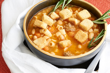 Pasta Fagioli authentic Italian soup made with beans, pasta and sausage.